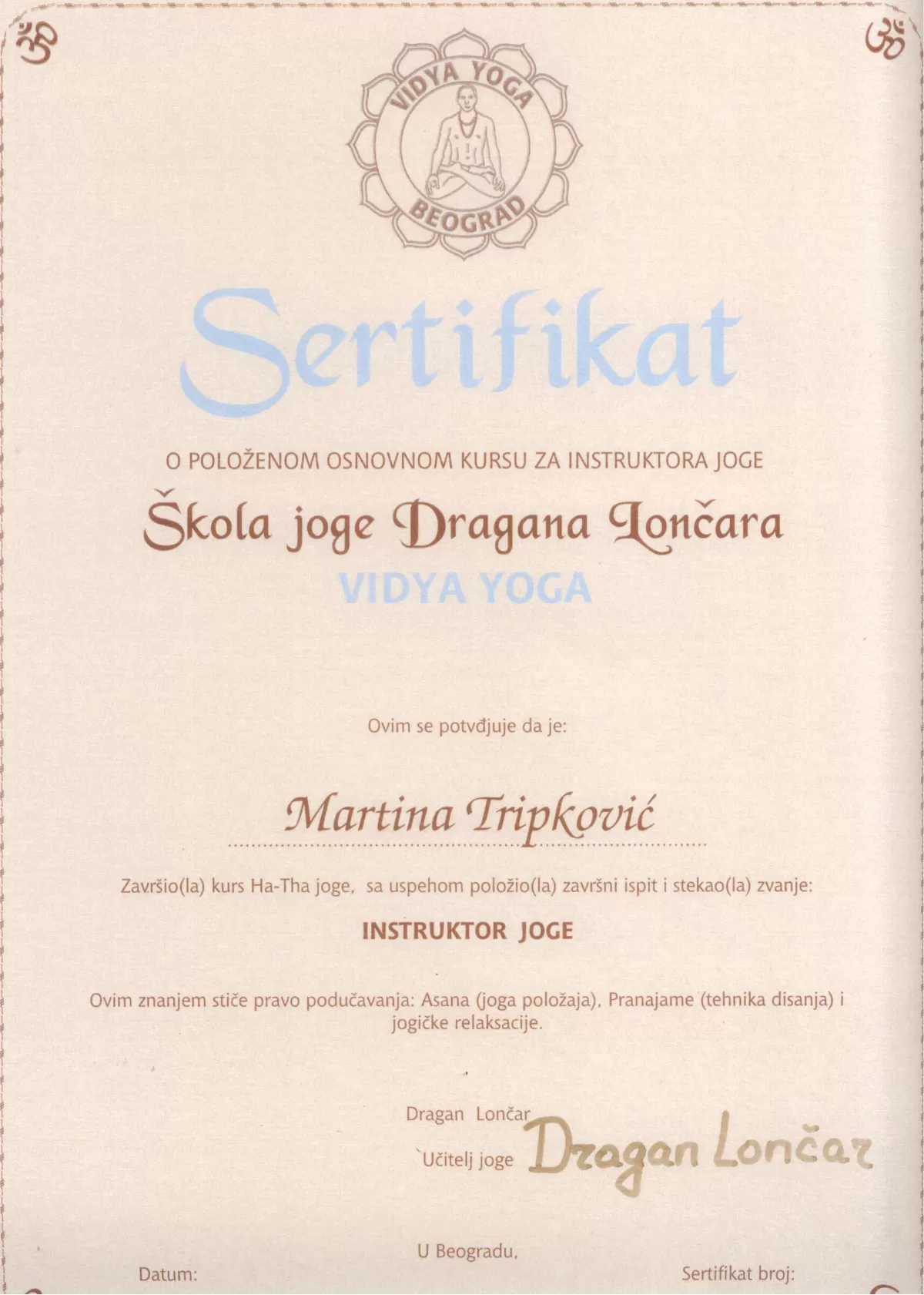 Martina Tripkovic - Sertifikat Vidya Yoga