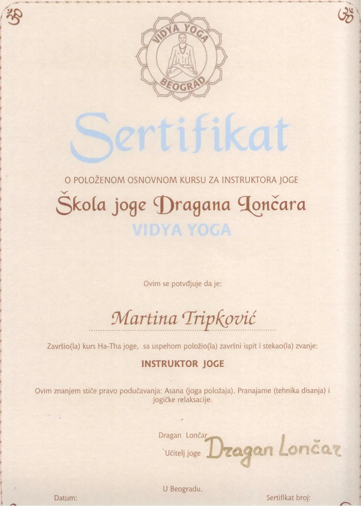 Martina Tripkovic - Sertifikat Vidya Yoga