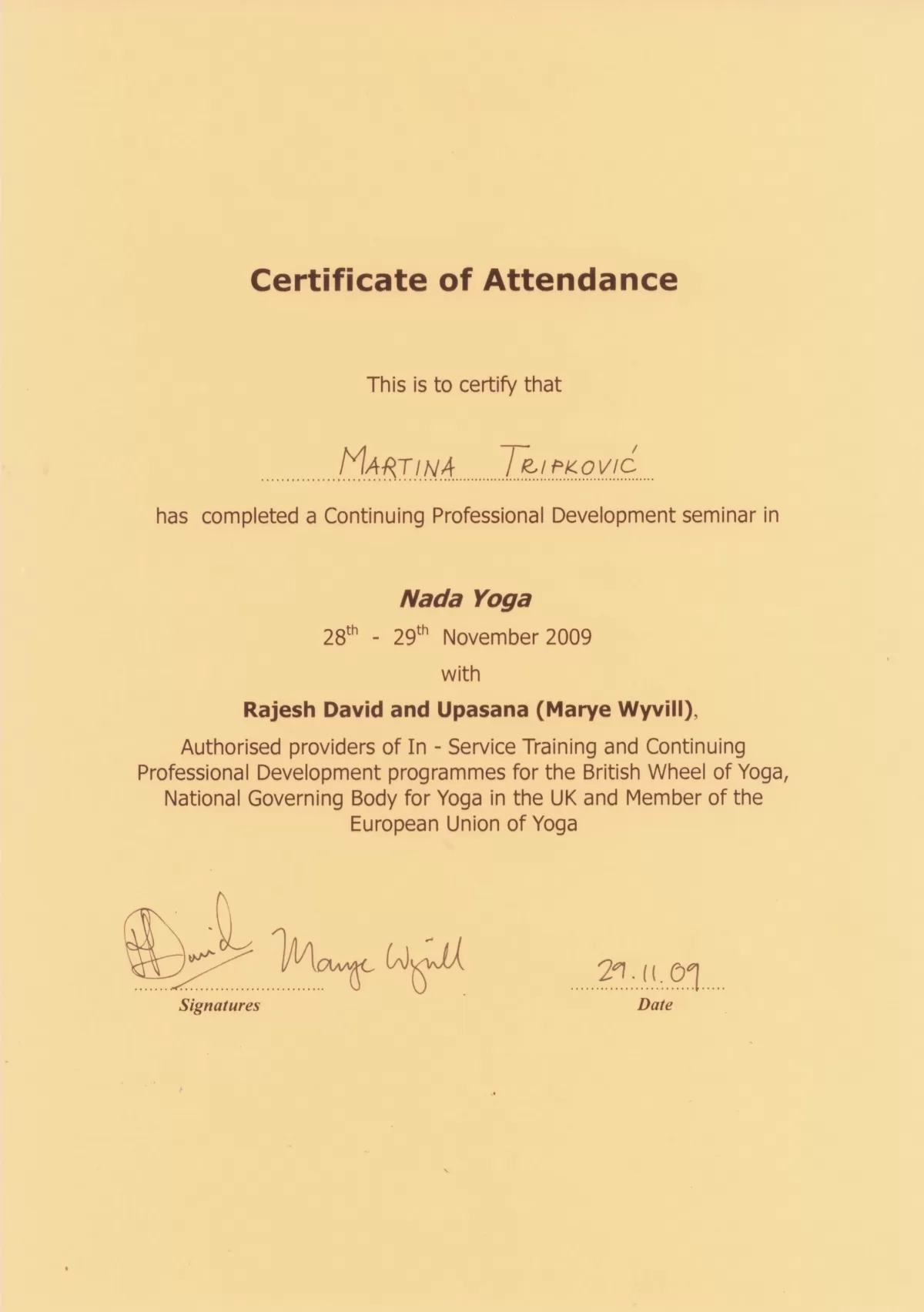 Martina Tripkovic - Nada Yoga Certificate