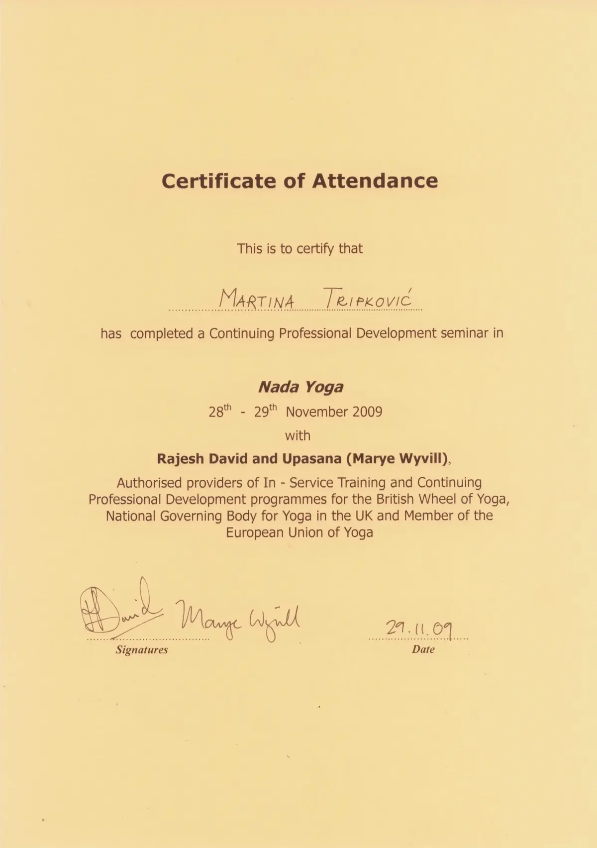 Martina Tripkovic - Nada Yoga Certificate