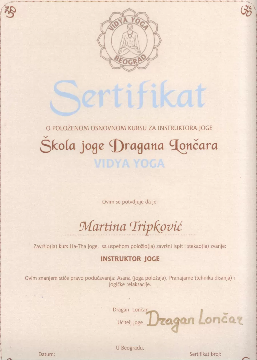 Martina Tripkovic - Sertifikat Vidya Yoga