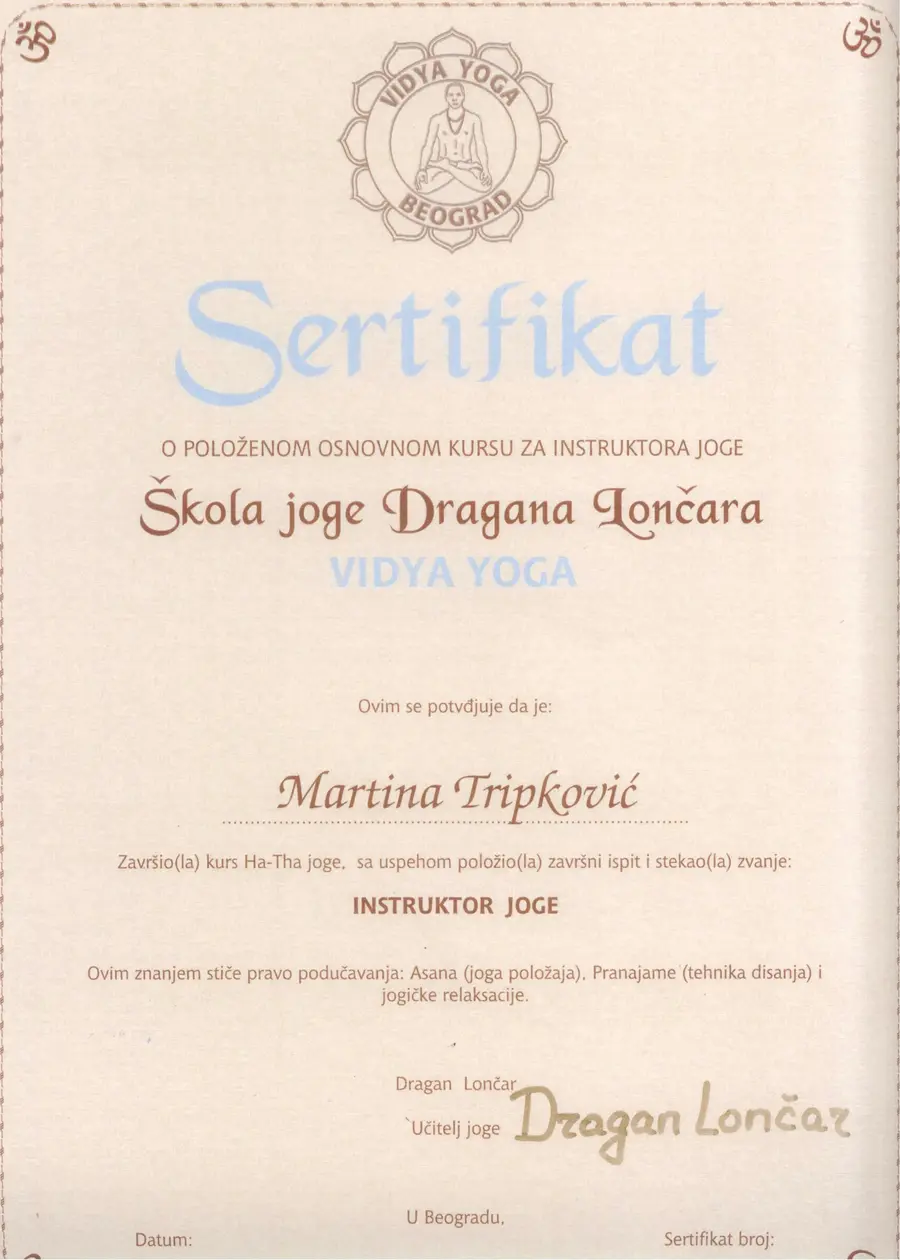 Martina Tripkovic - Sertifikat Vidya Yoga