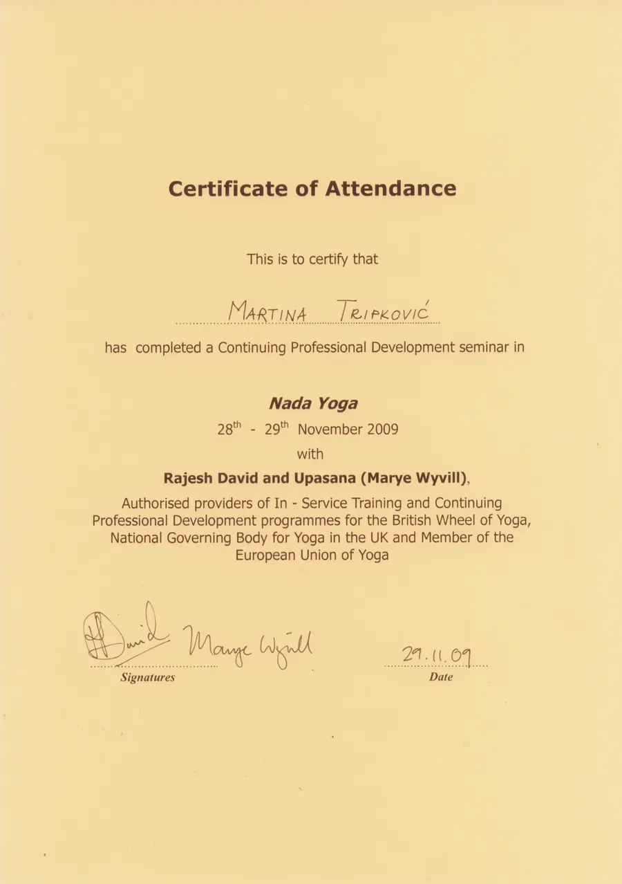 Martina Tripkovic - Nada Yoga Certificate